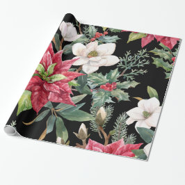 Papel De Regalo Navidades Flores Rojas Blancas Poinsettias Negro