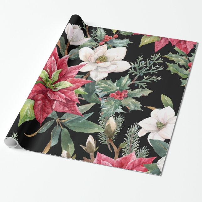 Papel De Regalo Navidades Flores Rojas Blancas Poinsettias Negro (Desenrollado)