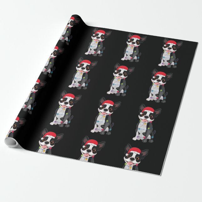 Papel De Regalo Navidades Funny Boston Terrier Lover Santa Hat Lig (Desenrollado)