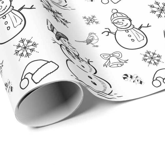 Papel De Regalo Navidades garabatean a Snowman en blanco y negro (Esquina del rollo)