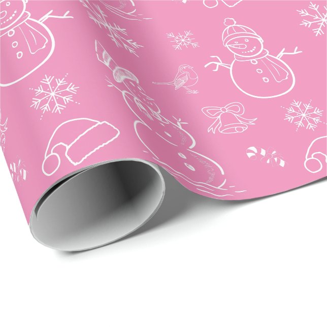 Papel De Regalo Navidades garabatean a Snowman en blanco y rosa di (Esquina del rollo)