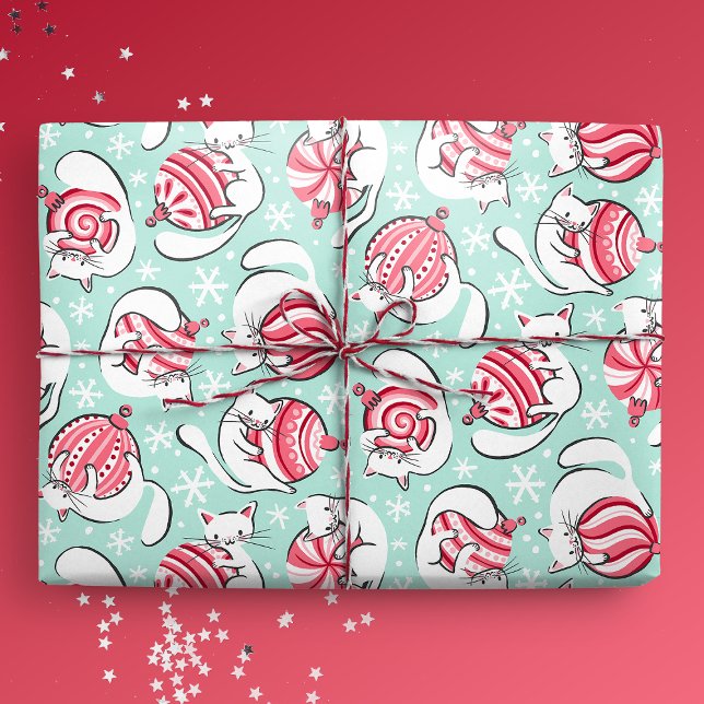 Papel De Regalo Navidades Gatitos con Peppermint Candy Baubles (Kittens with Peppermint Candy Baubles Gift Mockup)