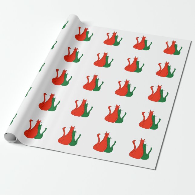 Papel De Regalo Navidades Gatos Cute Kitties Verde Rojo (Desenrollado)
