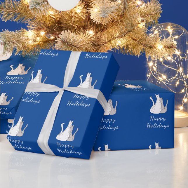 Papel De Regalo Navidades Gatos Dibujando Felices Fiestas Azul (Vacaciones)