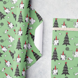 Papel De Regalo Navidades gatos graciosos patrón verde