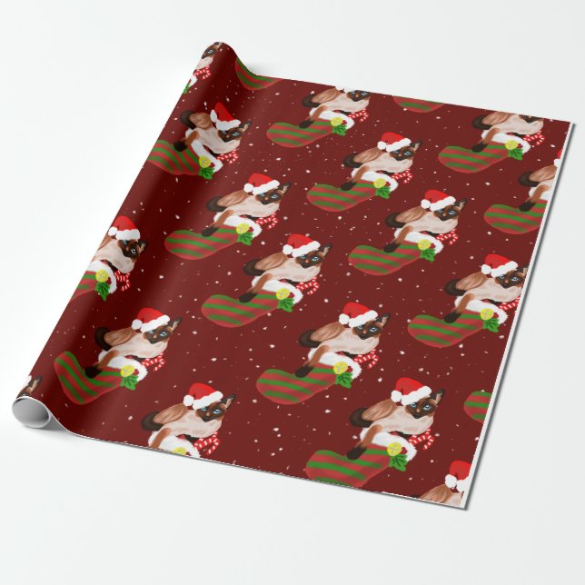Papel De Regalo Navidades gatos siameses con sombrero Santa (Desenrollado)