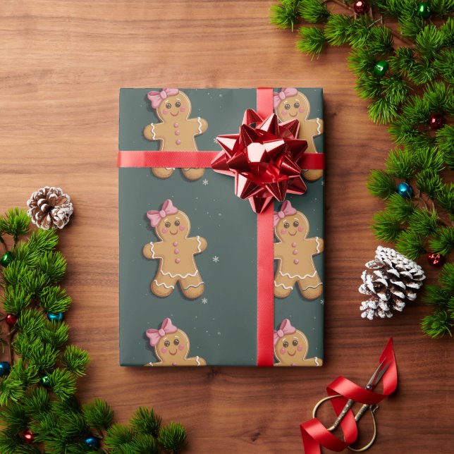 Papel De Regalo Navidades Gingerbread Chica Pink Bow Coquette (Regalo de vacaciones)