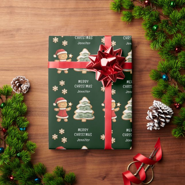 Papel De Regalo Navidades Gingerbread Chica Verde Personalizado (Regalo de vacaciones)