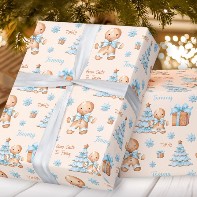 Papel De Regalo Navidades Gingerbread Hombre Niño Azul Beige Nombr (Christmas Gingerbread Man Boy Blue Beige Name Text Wrapping Paper)