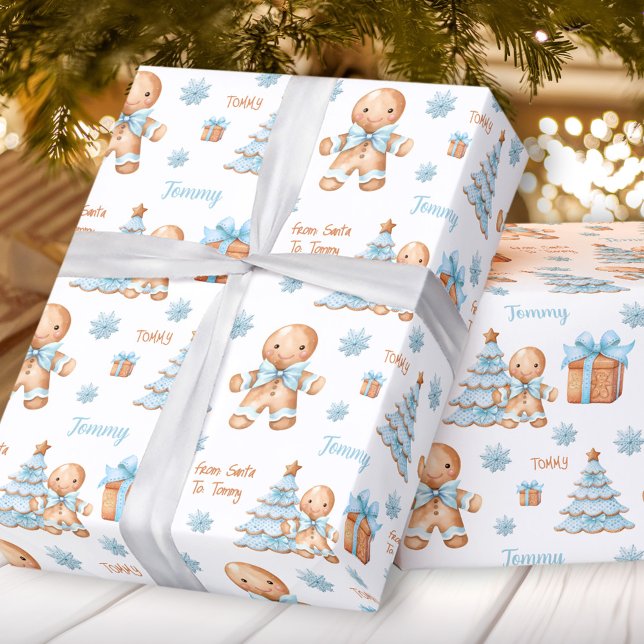 Papel De Regalo Navidades Gingerbread Hombre Nombre del niño Texto (Christmas Gingerbread Man Boy Name Text Wrapping Paper)