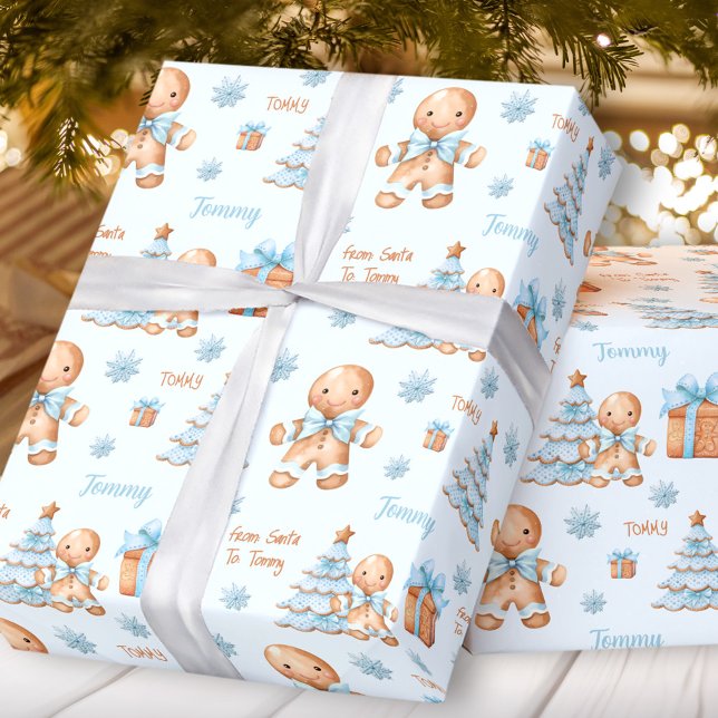 Papel De Regalo Navidades Gingerbread Man Boy Nombre azul Texto (Christmas Gingerbread Man Boy Blue Name Text Wrapping Paper)