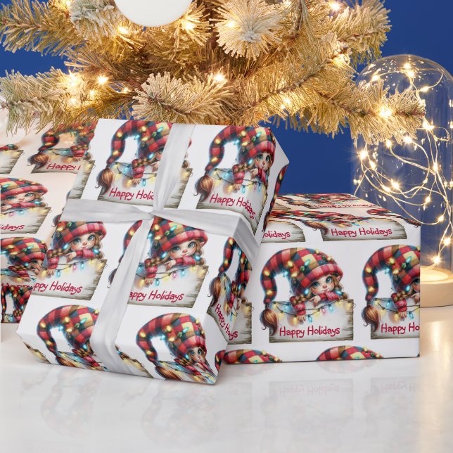 Papel De Regalo Navidades Girly Gnome Con Gorra De Plaid (Vacaciones)