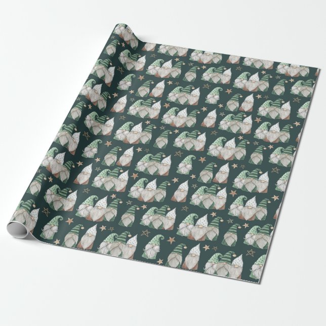 Papel De Regalo Navidades Gnomes Green Gold Trendy Scandinavian (Desenrollado)
