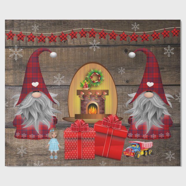Papel De Regalo Navidades Gnomes presenta madera rústica (Superficie plana)