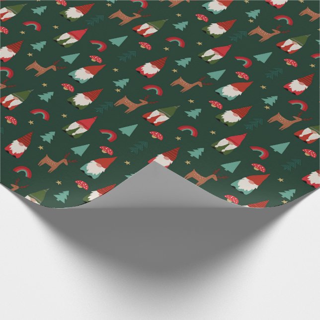 Papel De Regalo Navidades Gnomes vacaciones verde oscuro (Esquina)