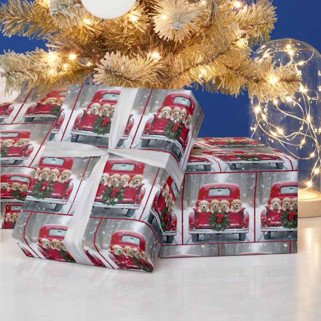 Papel De Regalo Navidades Golden Retriever Cachorros En Camión Roj (Vacaciones)