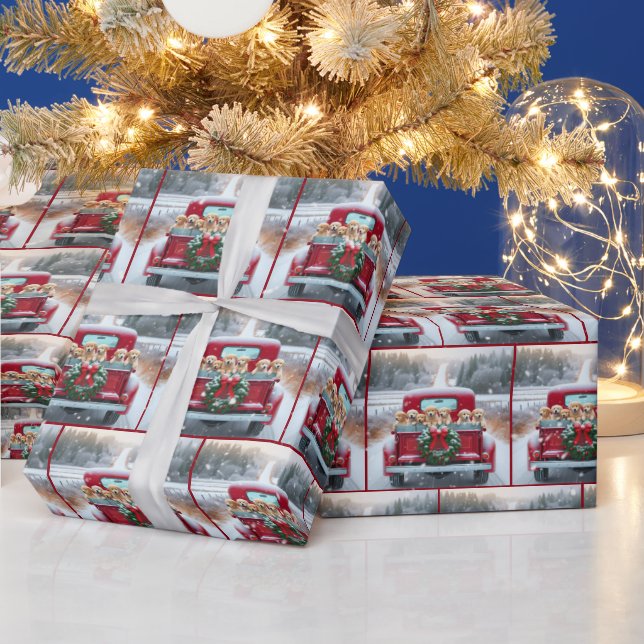 Papel De Regalo Navidades Golden Retriever Cuppies En Camión Retro (Vacaciones)