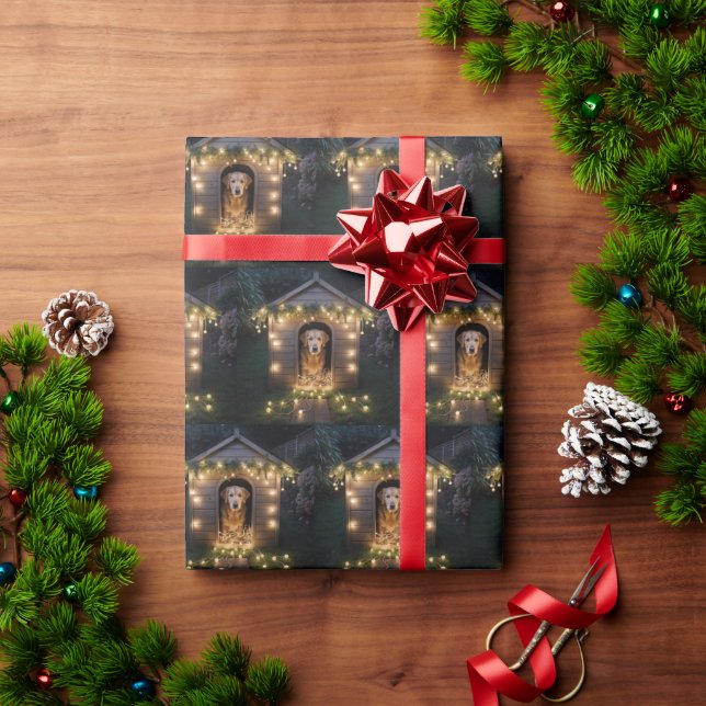 Papel De Regalo Navidades Golden Retriever En Doghouse (Regalo de vacaciones)