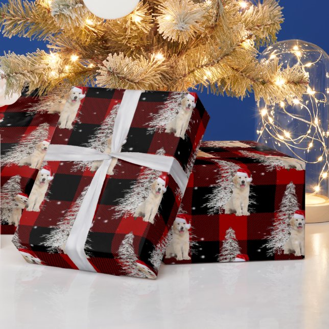 Papel De Regalo Navidades Golden Retriever y Tree On Plaid (Vacaciones)