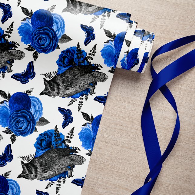 PAPEL DE REGALO NAVIDADES GÓTICOS DE AVES ROYALES AZULES DE NOCHE (BLACK NIGHT OWL ROYAL BLUE ROSES AND FLOWERS AND BUTTERFLIES GOTHIC STYLE)