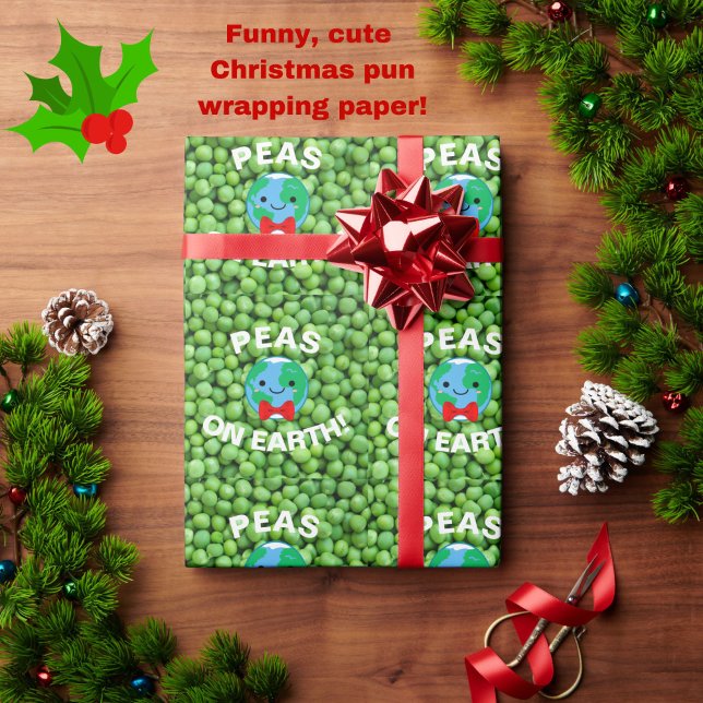 Papel De Regalo Navidades graciosos "Peas en la Tierra" Punny Cute (Peas on Earth and Goodwill to All! Funny, cute, punny Christmas wrapping paper to make you smile.)