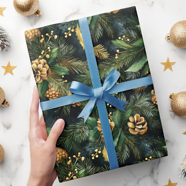 Papel De Regalo Navidades Green Gold Moody Festive Greeneration (Christmas Green Gold Moody Festive Greenery Wrapping Paper)