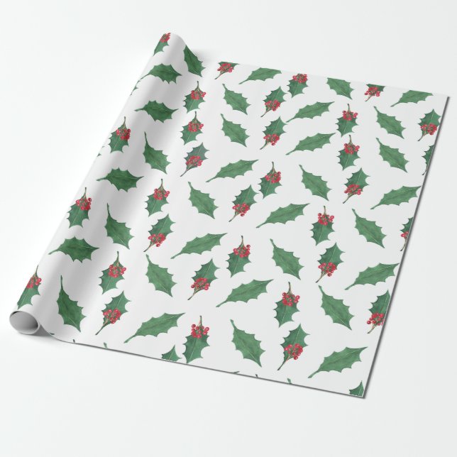 Papel De Regalo Navidades Green Holly Red Berries Sobre Blanco (Desenrollado)
