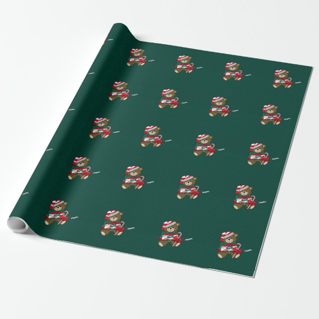 Papel De Regalo Navidades Green Plaid Teddy Bear Personalizado (Desenrollado)