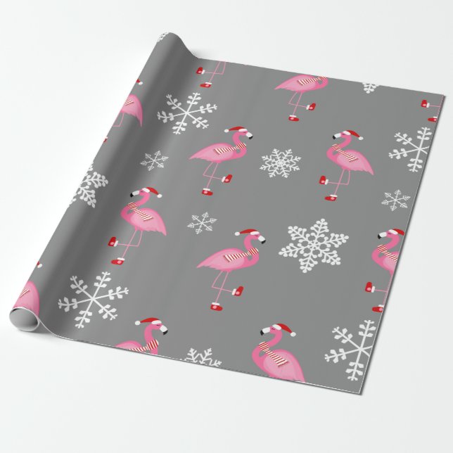Papel De Regalo navidades grises santa claus flamingo (Desenrollado)