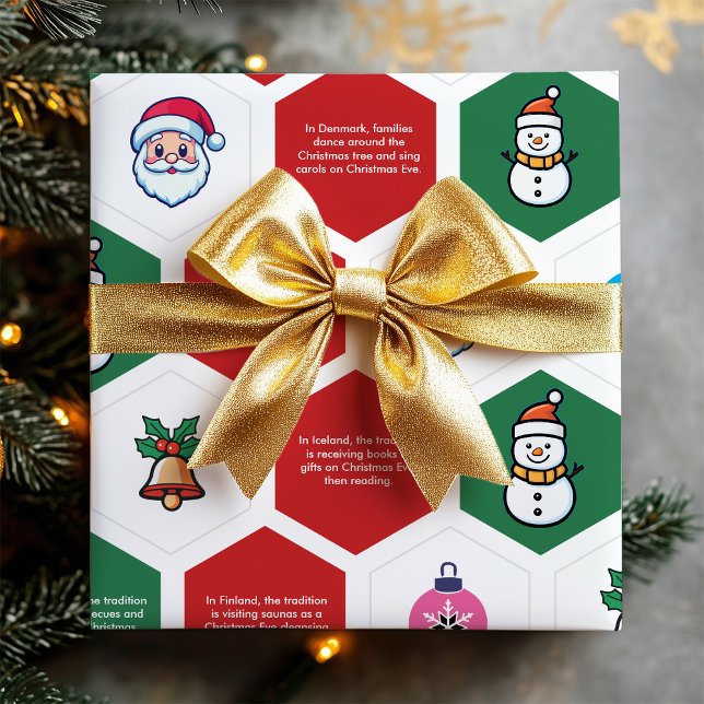 Papel De Regalo Navidades Hexagon Santa Tree Snowman (Christmas Hexagon Santa Tree Snowman Ornament Icon Wrapping Paper)