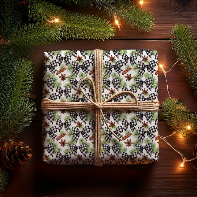 Papel De Regalo Navidades Holiday Black White Gingham Check Bows (Christmas Holiday Black White Gingham Checks Bows | Pine Evergreens and Star Anise Wrapping Paper)