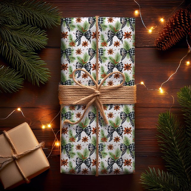 Papel De Regalo Navidades Holiday Black White Gingham Check Bows (Christmas Holiday Black White Gingham Checks Bows | Pine Evergreens and Star Anise Wrapping Paper)
