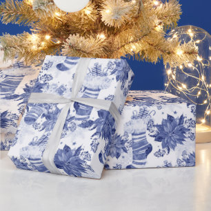 Papel De Regalo Navidades Holiday Blue Winter Stockings Poinsettia