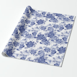 Papel De Regalo Navidades Holiday Blue Winter Stockings Poinsettia