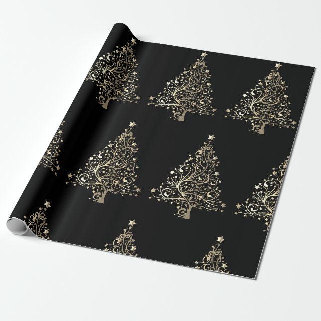 Papel De Regalo Navidades Holiday Gold Tree Stars Black  (Desenrollado)