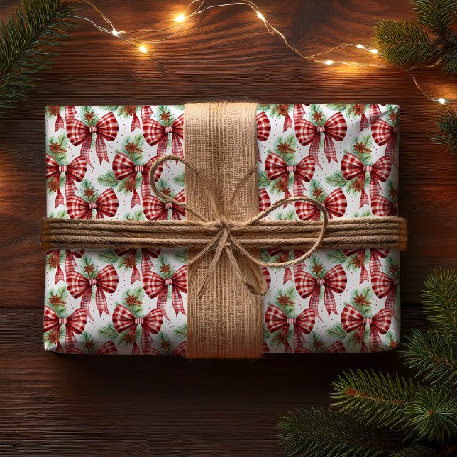 Papel De Regalo Navidades Holiday Red Gingham Check Bows (Christmas Holiday Red White Gingham Checks Bows with Pine Evergreens and Star Anise Wrapping Paper)