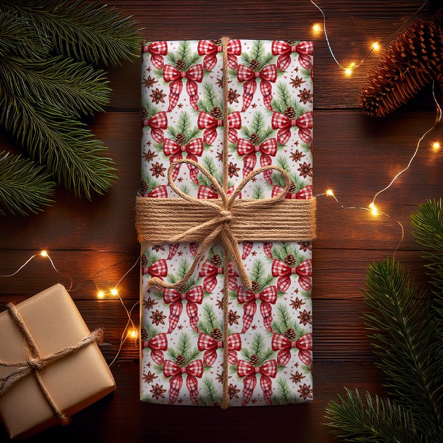 Papel De Regalo Navidades Holiday Red Gingham Check Bows (Christmas Holiday Red White Gingham Checks Bows with Pine Evergreens and Star Anise Wrapping Paper)
