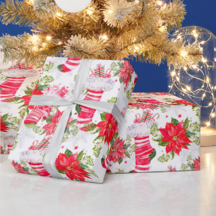 Papel De Regalo Navidades Holiday Red Winter Stockings Poinsettia
