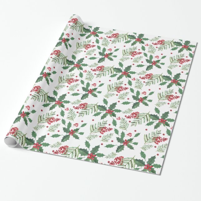 Papel De Regalo Navidades Holly Berries Y Estrellas De Árboles De  (Desenrollado)