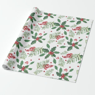 Papel De Regalo Navidades Holly Berries Y Spruce Tree Twigs