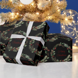 Papel De Regalo Navidades Holly Berry Pine Cones Wreath Black