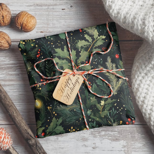 Papel De Regalo Navidades Holly Dark Foliage de vacaciones de invi (Subido por el creador)