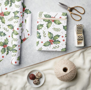 Papel De Regalo Navidades holly hojas verdes patrón rojo