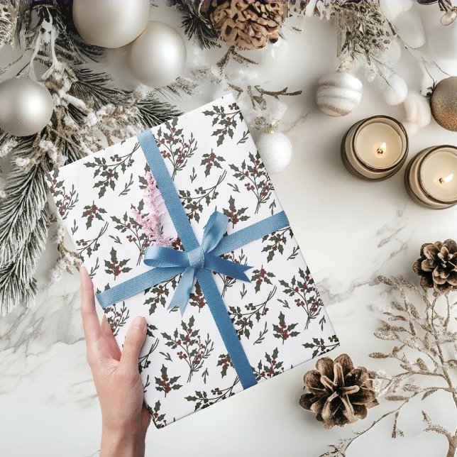 Papel De Regalo Navidades Holly modernos planta Berries Winter Whi (Christmas Holly Botanical Pattern wrapping paper)