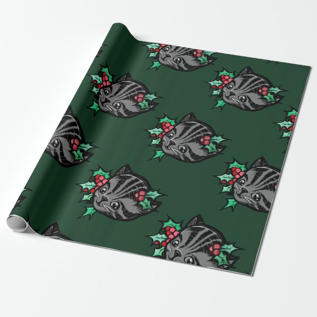 Papel De Regalo Navidades Holly Tiger Stripe Tabby Cat Xmas (Desenrollado)