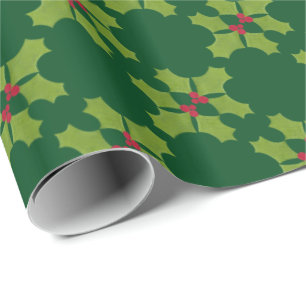 Papel De Regalo Navidades Holly twig sobre verde oscuro