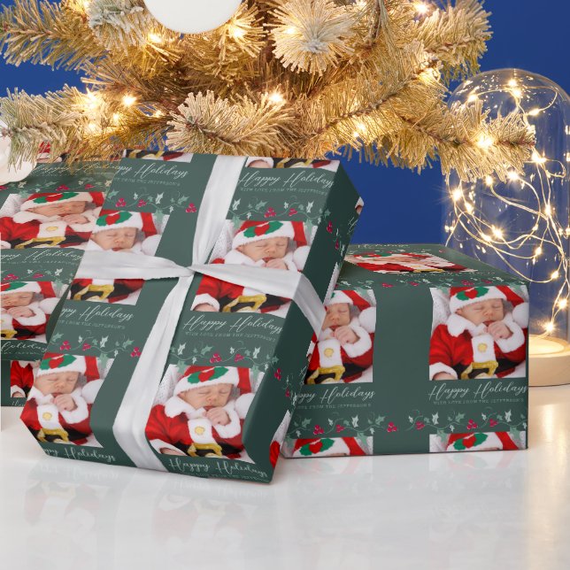 Papel De Regalo Navidades holly y bayas rojas foto verde (Vacaciones)