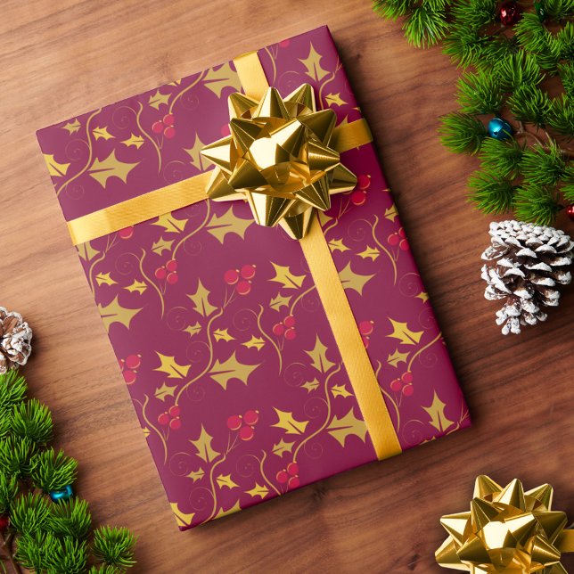 Papel De Regalo Navidades holly y oro de bayas rojas (Subido por el creador)