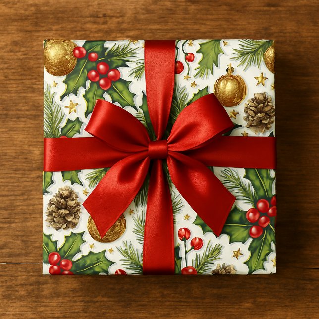 Papel De Regalo Navidades Holly y Red se inclina sobre blanco (Subido por el creador)