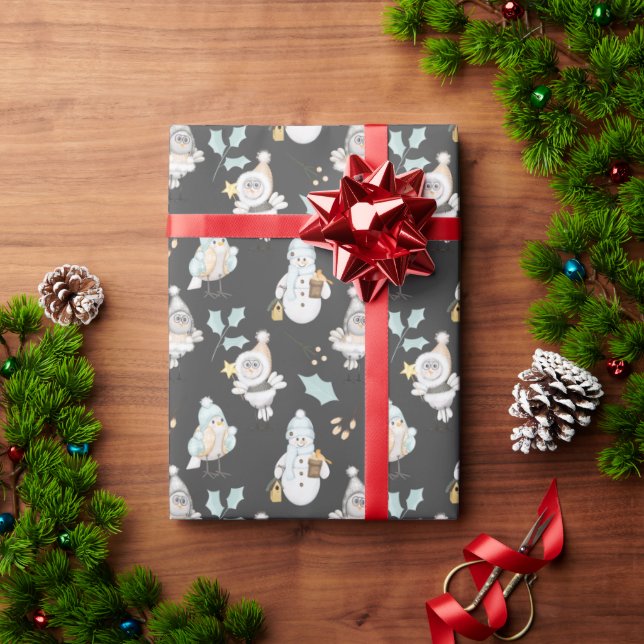 Papel De Regalo Navidades Hombres de Nieve y Aves (Regalo de vacaciones)